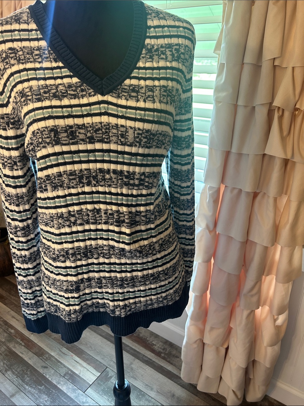 croft & barrow Navy and Cream V-Neck Striped Knit Sweater